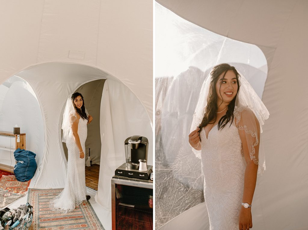 Bride in tent with wedding dress on