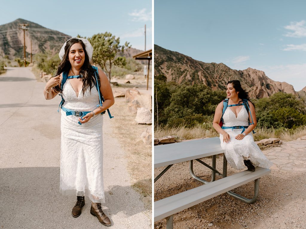 Bride with backpack on before hiking