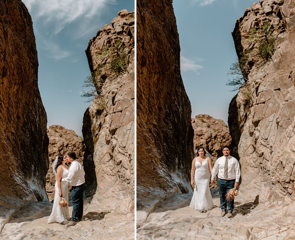Bride and Groom kissing in canyon 