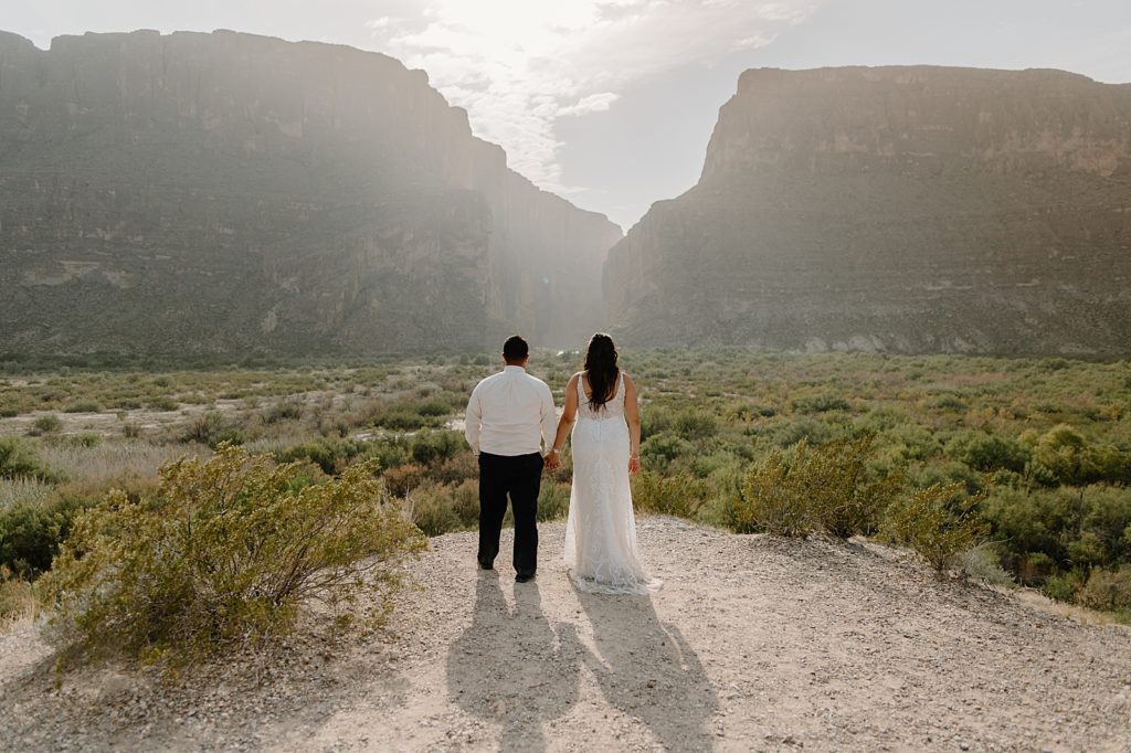 Bride and Groom holding hands looking at canyon