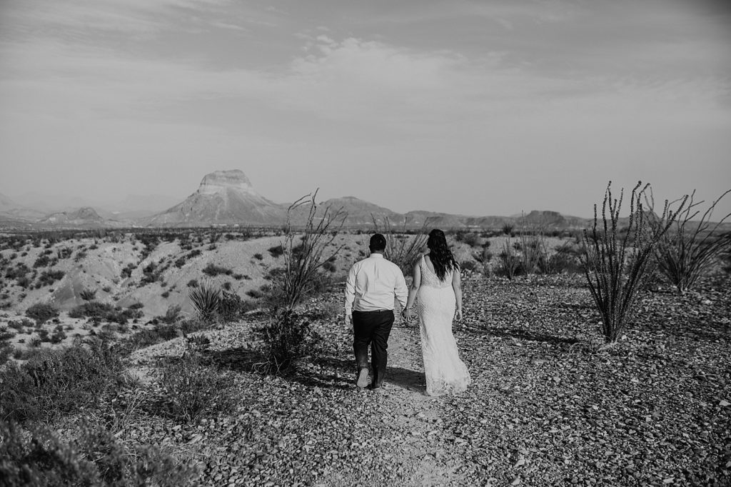 B&W Bride and Groom walking in the desert
