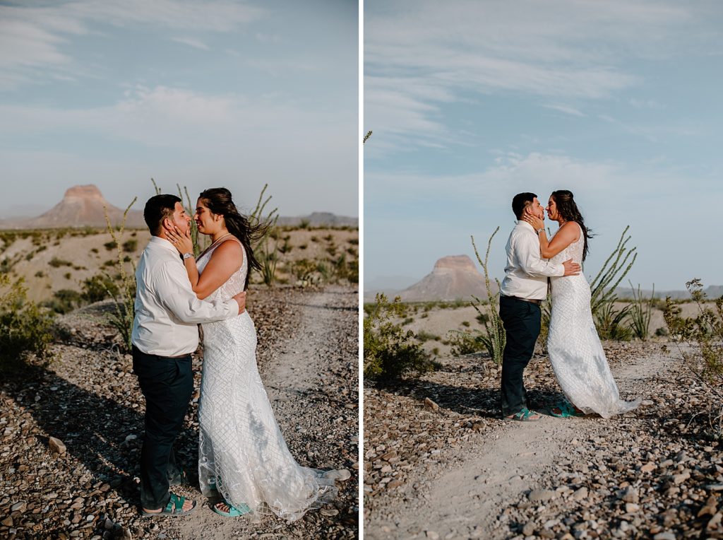 Bride and Groom holding each other out in the desert