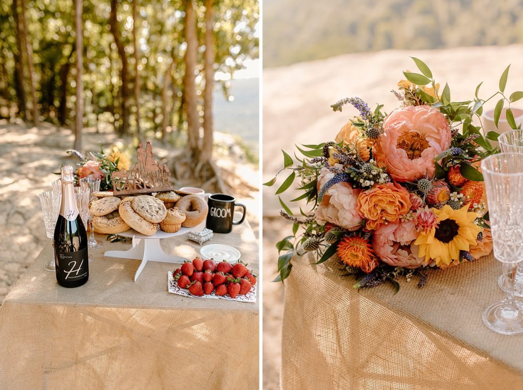 Detail shot of post Ceremony bake table with Champaign and floral decor