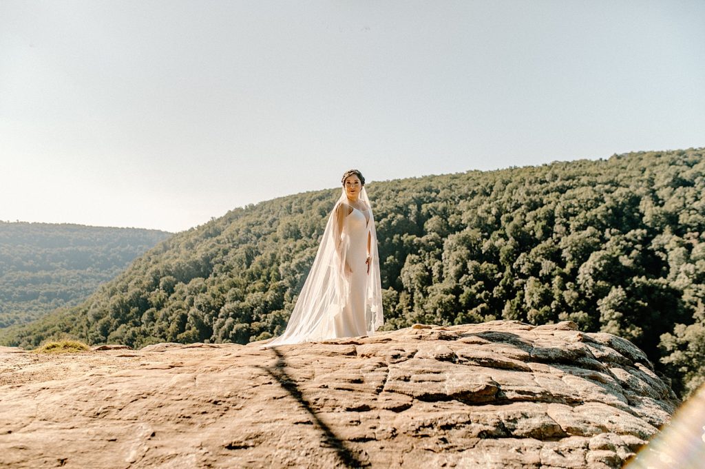 Portraits of Bride in wedding dress by the cliff