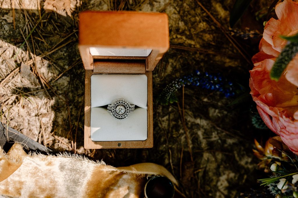 Closeup of diamond engagement ring in box