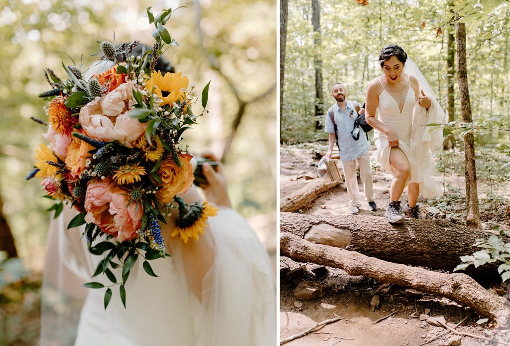Bride hiking in the forest