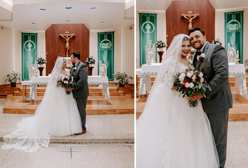 Bride and Groom portraits in front of church alter