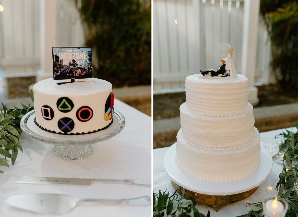 Detail shot of wedding cake with quirky topper and playstation groom cake with Warzone cake topper