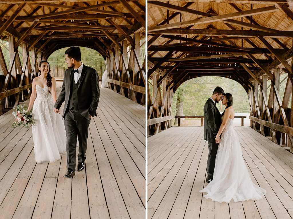 Bride and Groom holding hands and walking in wooden bridge