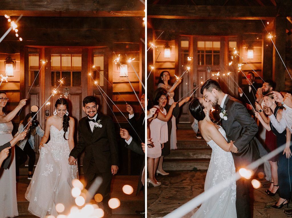 Bride and Groom kissing during sparkler exit