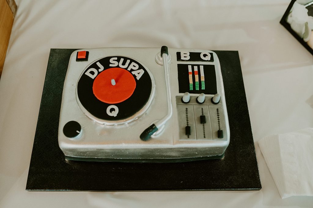 Detail shot of Groom cake styled after turn table