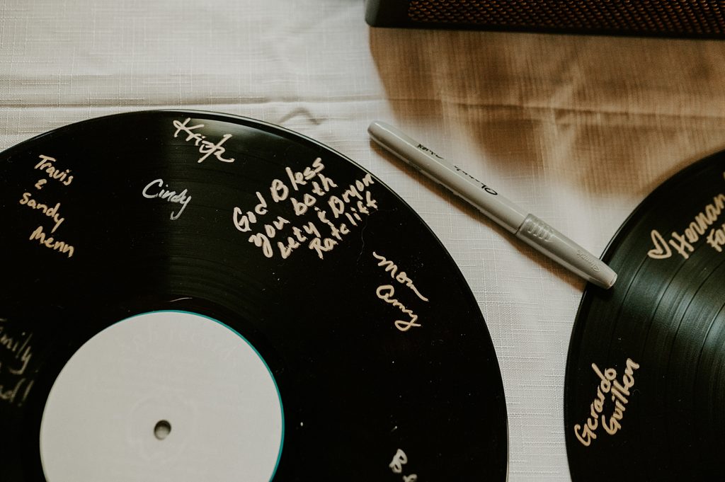 Detail shot of guest signed records