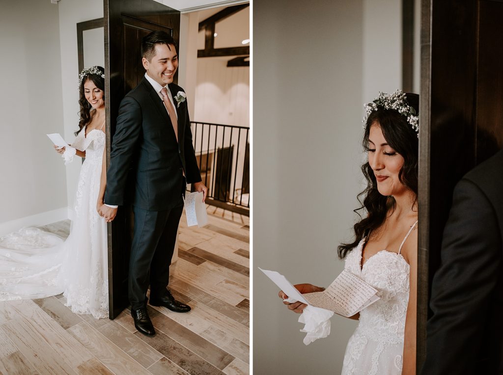 Bride and Groom holding hands around the door before Ceremony reading letters to each other