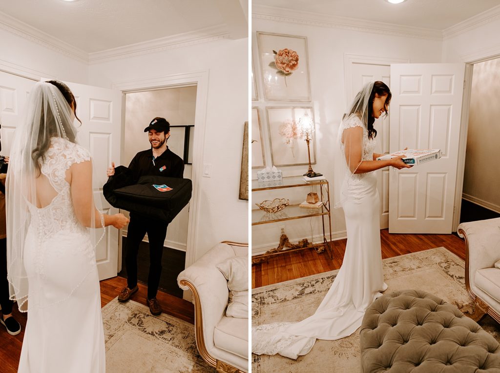 Bride getting Domino's pizza from pizza delivery man