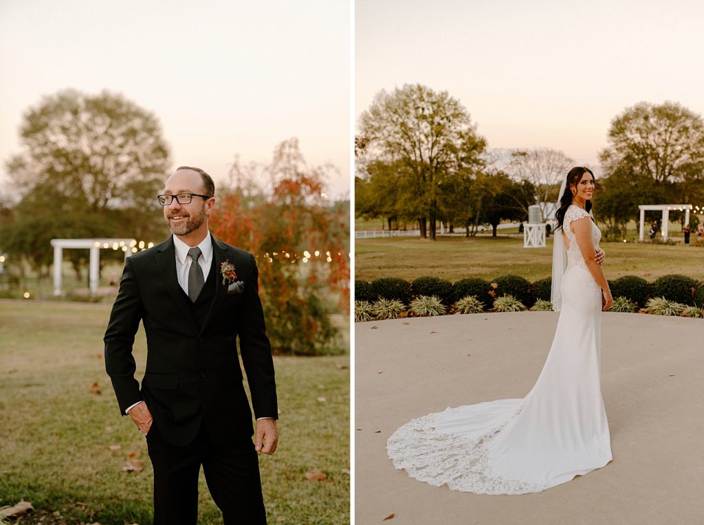 Individual portraits of Bride and Groom out in green yard