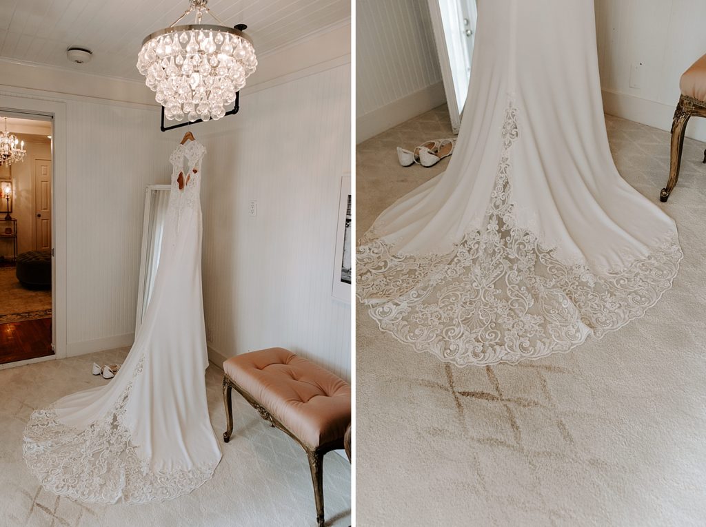 Detail shot of wedding dress hanging
