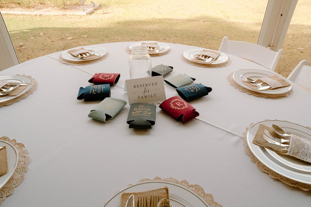 Detail shot of Reception table with cup covers