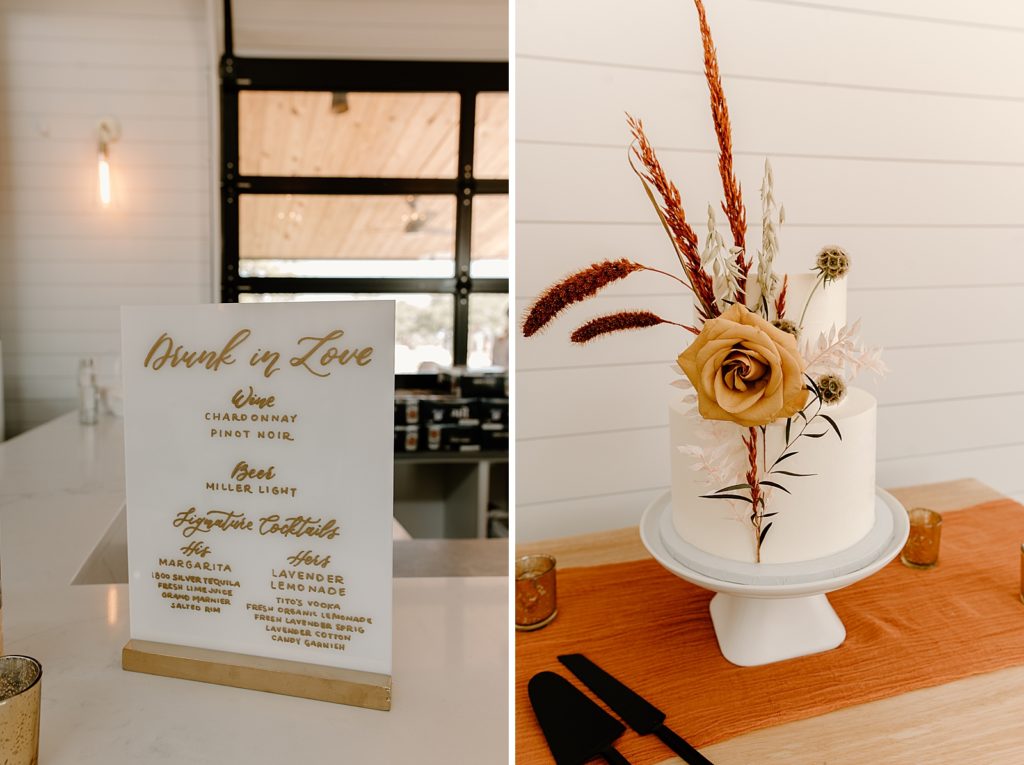Detail shot of alcohol menu and Wedding cake with floral decor