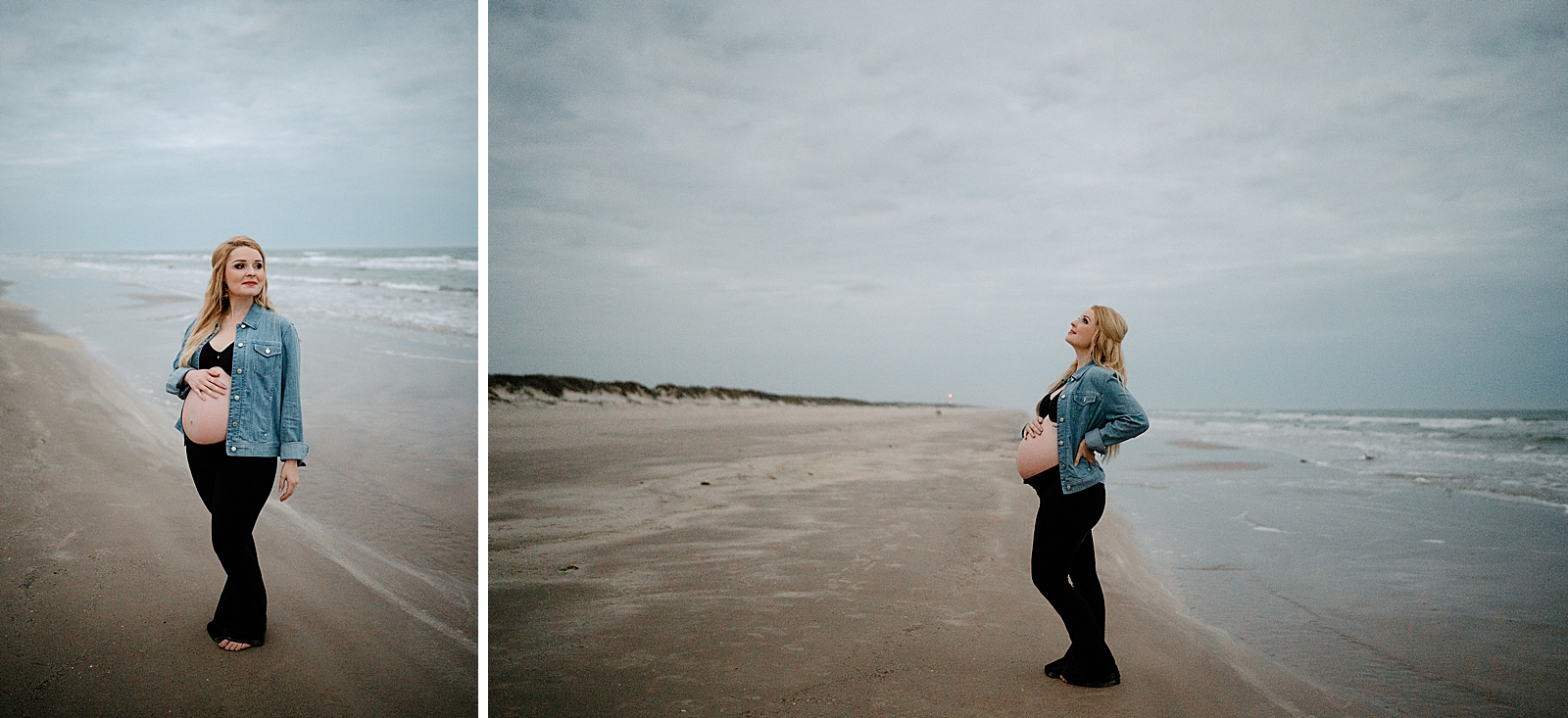 pregnant woman in jean jacket and black crop top posing on beach