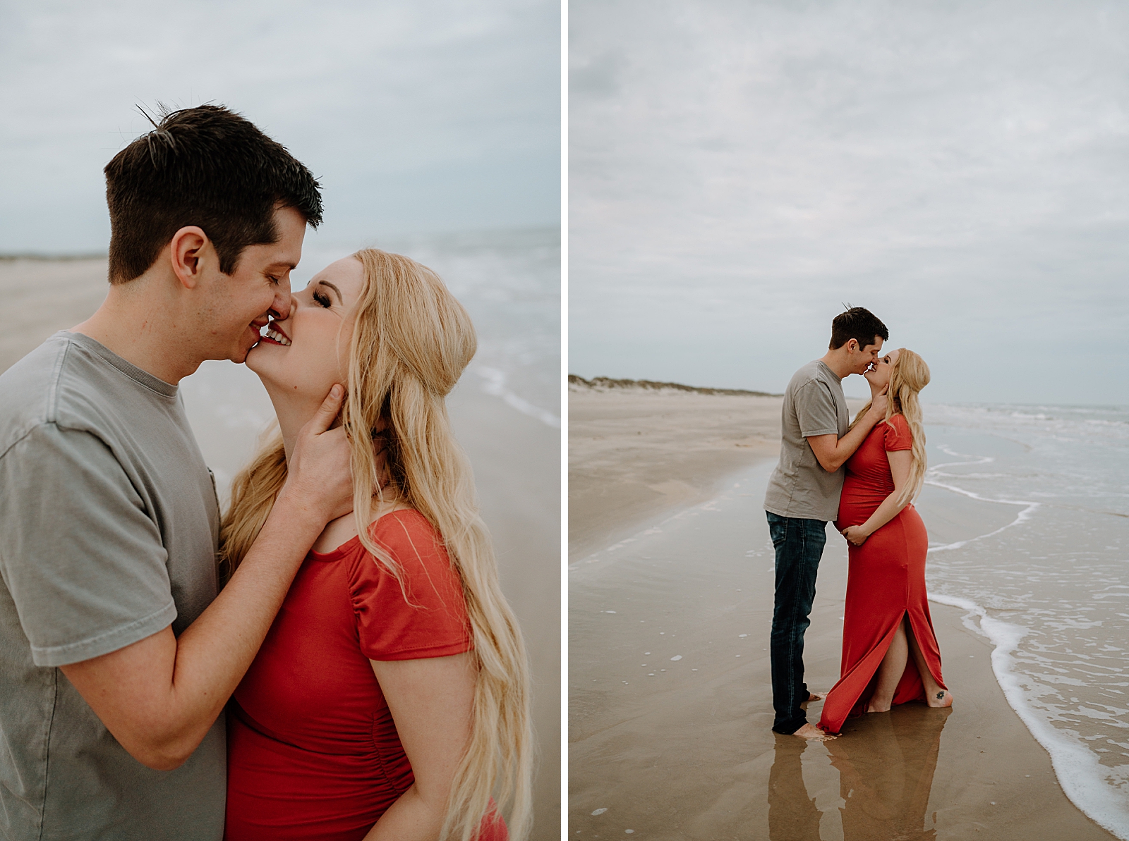 pregnant woman in red dress kissing spouse on beach