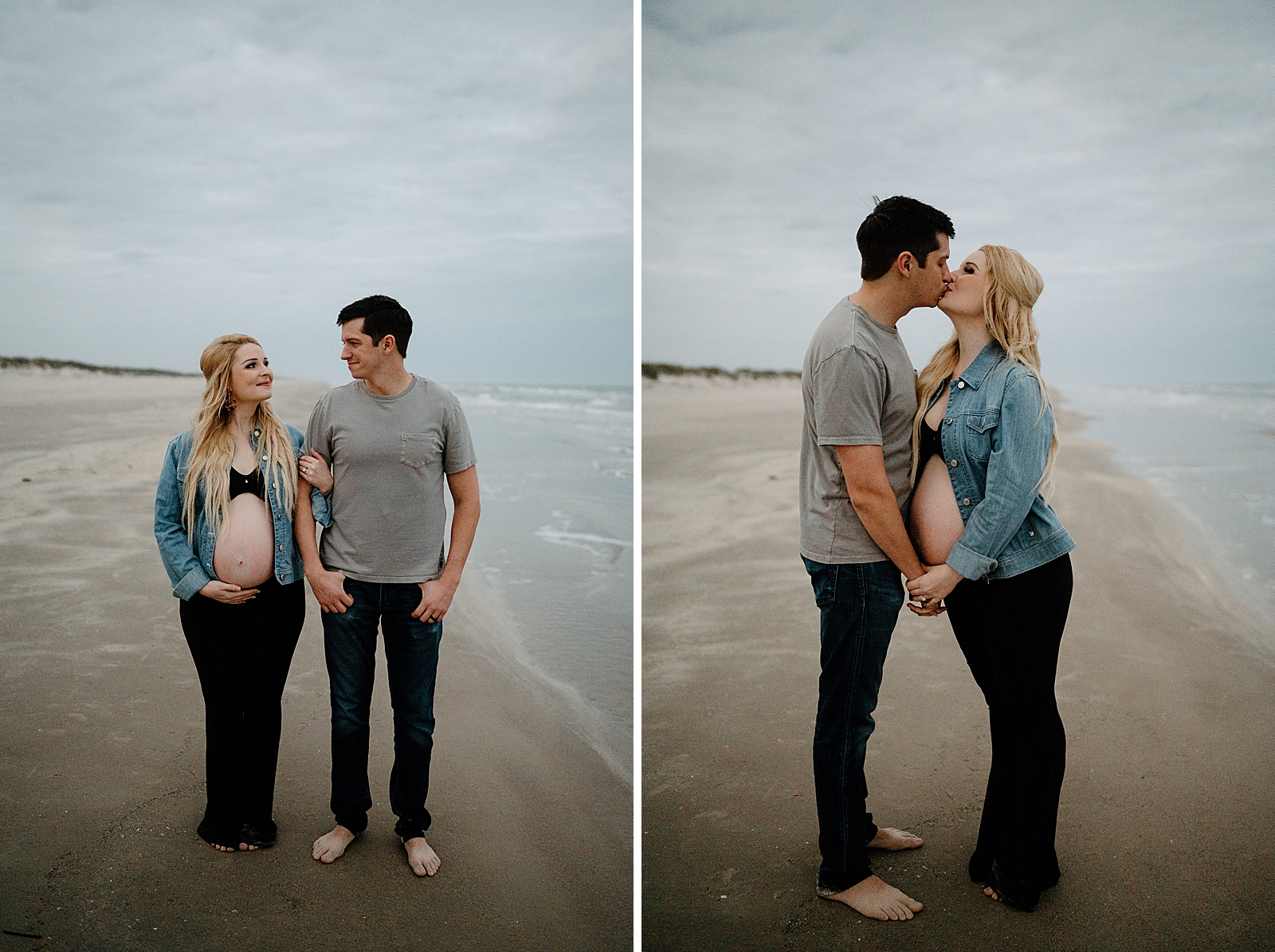 blonde woman in jean jacket and black crop top holding arm of husband on beach and kissing