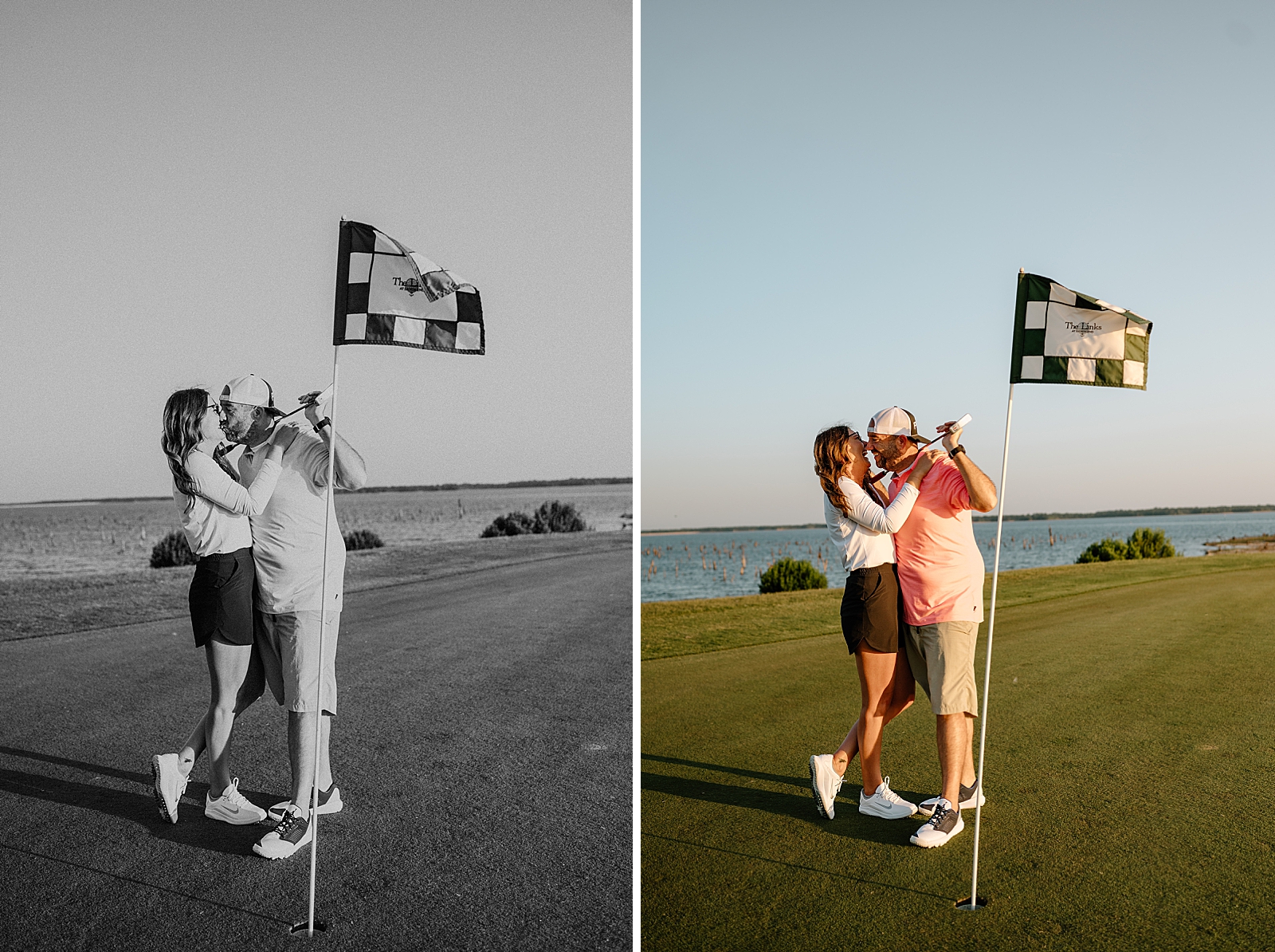 side by side images of couple kissing on golf course, one in black and white and one in color