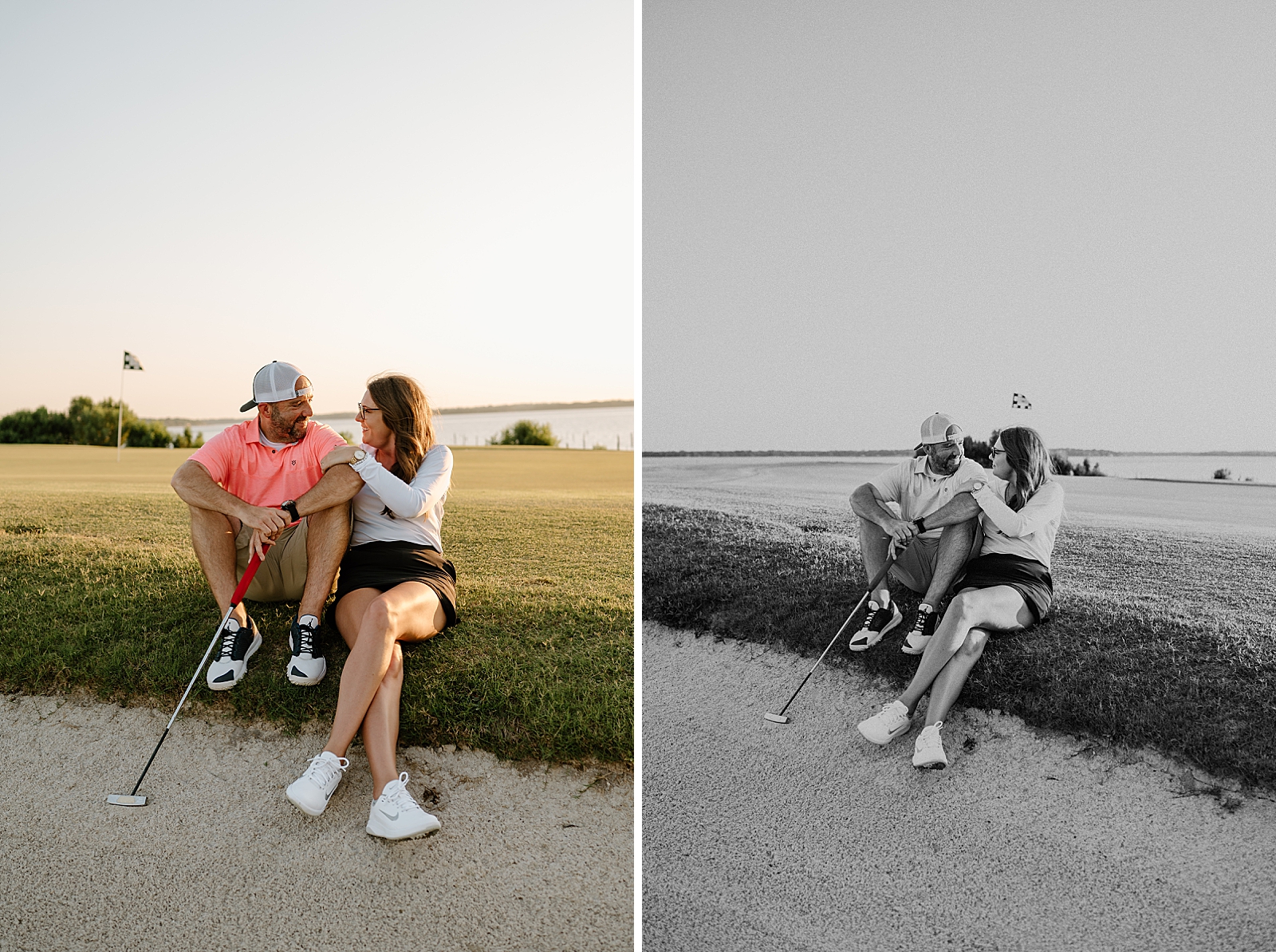 side by side images of couple sitting on golf course with golf club, one in black and white and one in color