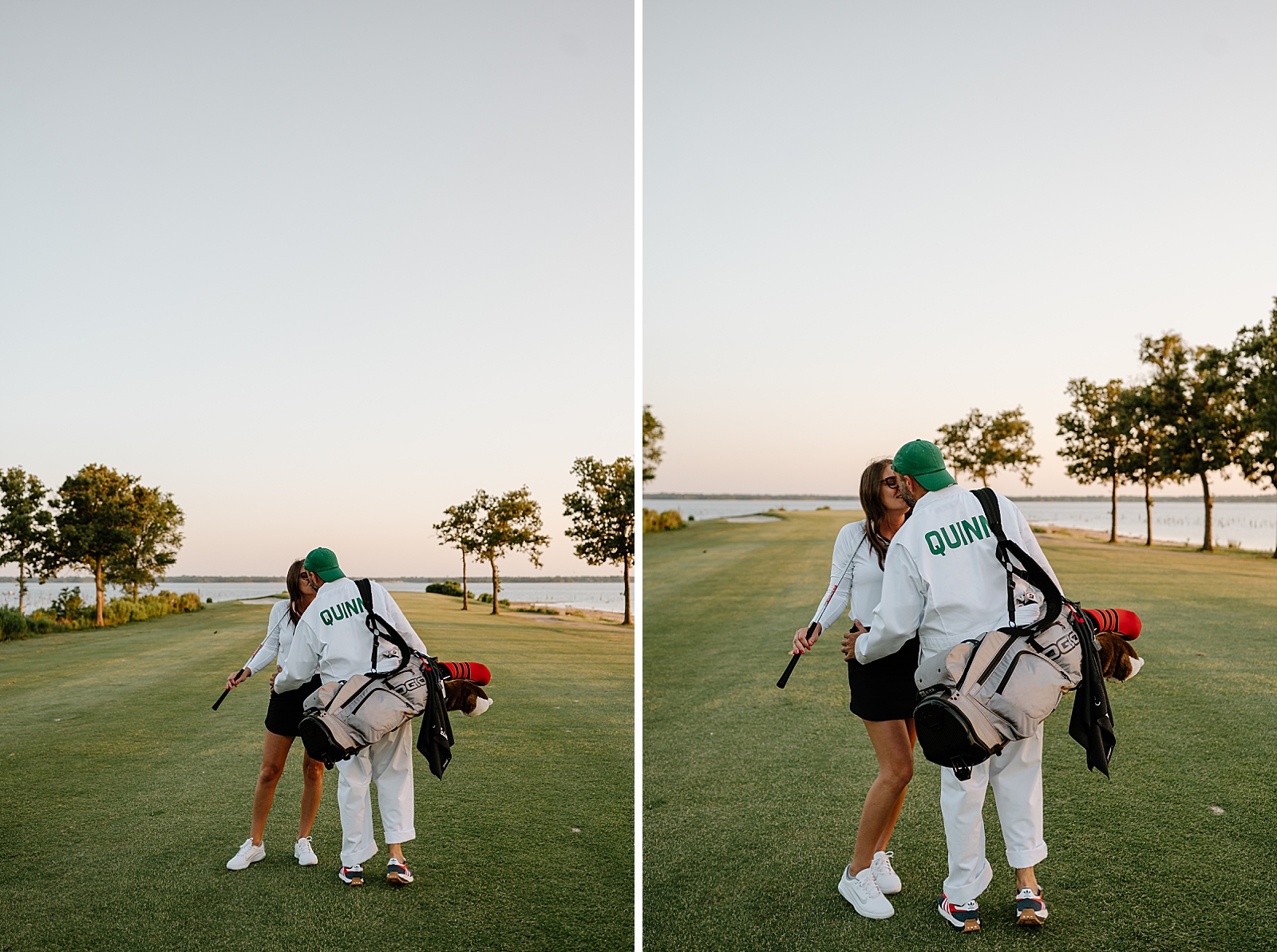 couple kissing on golf course at sunset